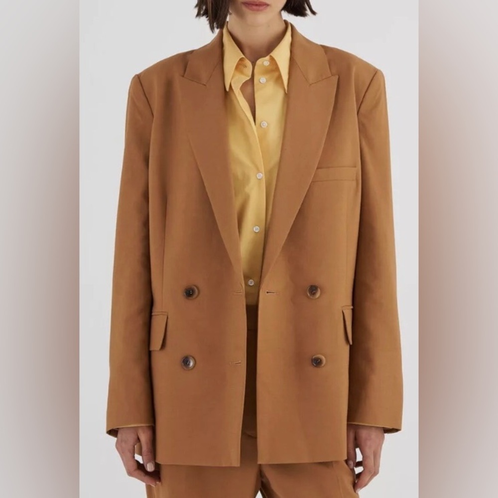 Oroton Double Breast Cotton Blazer Jacket Wide Peak Lapels in Toffee Size 10 NWT